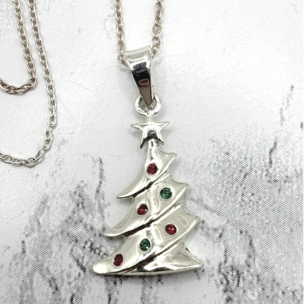 Sterling Silver Christmas Tree Pendant Necklace 925 Red‎ Green Holiday
